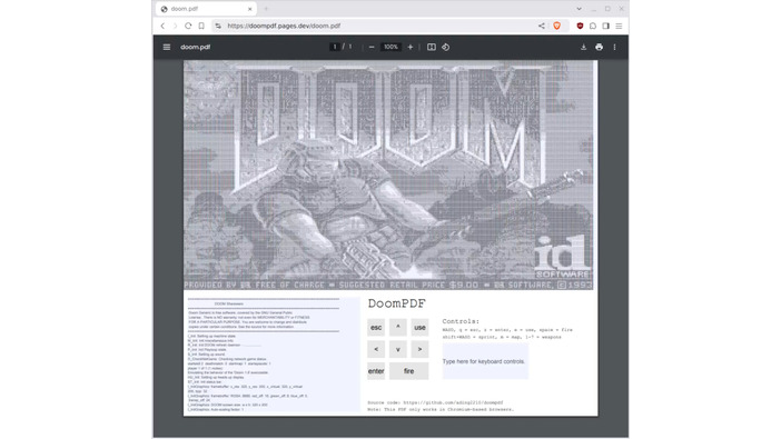 海外の高校生がPDF上で『DOOM』を動かすことに成功！ 白黒で音もないけど遊べないこともない