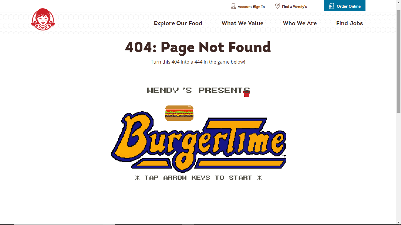 アメリカのハンバーガーショップ“ウェンディーズ”、404エラーのページ