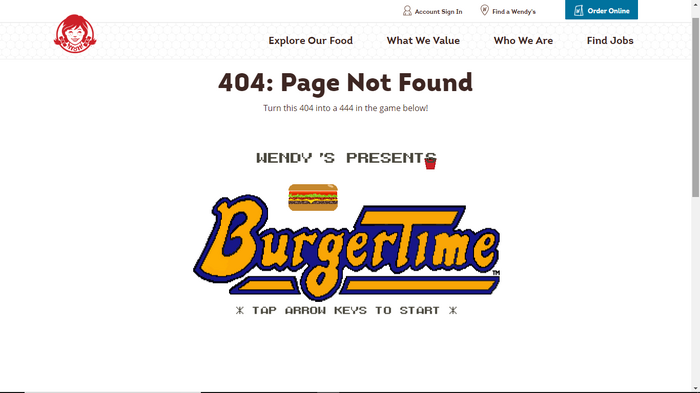 アメリカのハンバーガーショップ“ウェンディーズ”、404エラーのページに懐かしの『バーガータイム』を仕込む