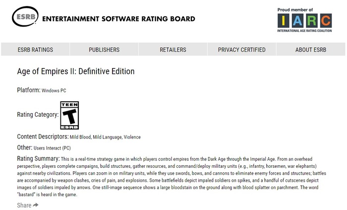 名作RTSリマスター『Age of Empires II: Definitive Edition』が米国の審査機関ESRBに登録