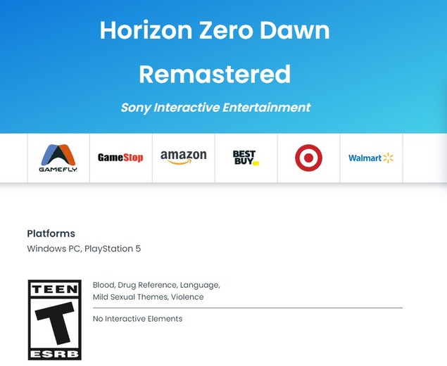 『Horizon Zero Dawn Remastered』米レーティング機関に登録！対象プラットフォームはPC/PS5