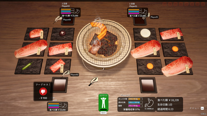 焼肉の食材でどれだけ生き残れるか？『焼肉パーティーサバイバル』Steamでリリース―栄養バランスも重要、満腹になったらスクワットで運動だ