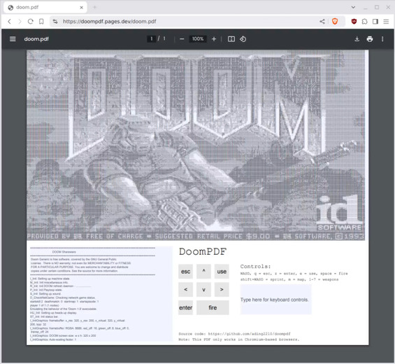 海外の高校生がPDF上で『DOOM』を動かすことに成功！ 白黒で音もないけど遊べないこともない
