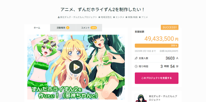 東北三姉妹全員の声が無料で利用可能に！アニメ「ずんだホライずん2」制作を目指すクラファン支援総額約5,000万円達成で東北イタコのボイボ化決定