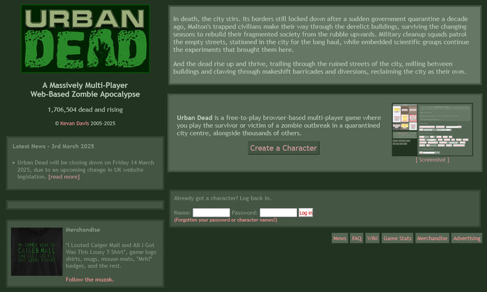 約19年続いたウェブブラウザ向けゾンビMMOゲーム『Urban Dead』が近日閉鎖―英国オンライン安全法への懸念から